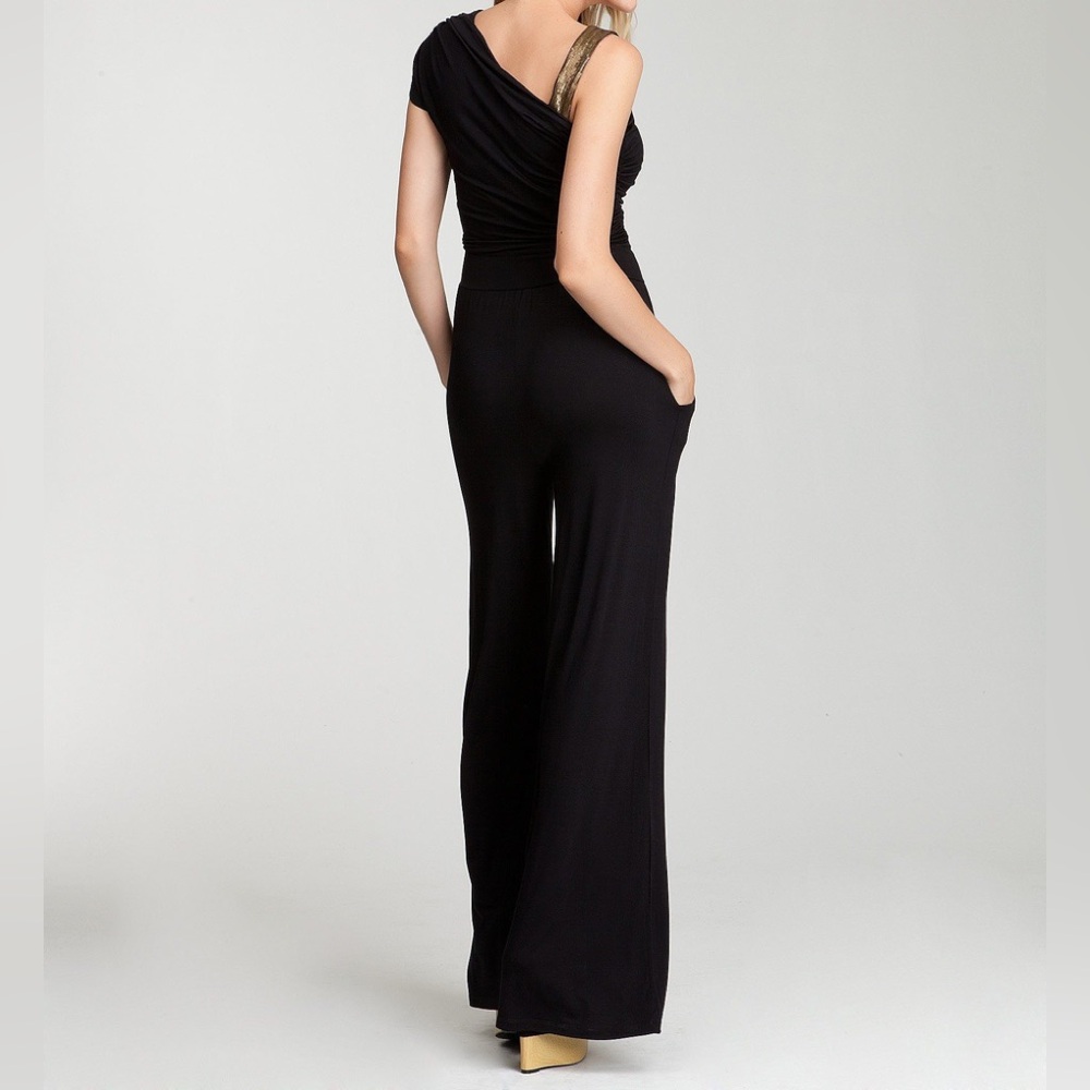 SOLD - Bebe Black One Shoulder Knit Wide Leg Jumpsuit